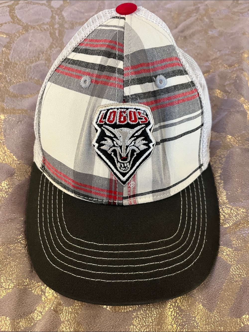 UNM Lobos Plaid Trucker Hat in White, Gray & Red